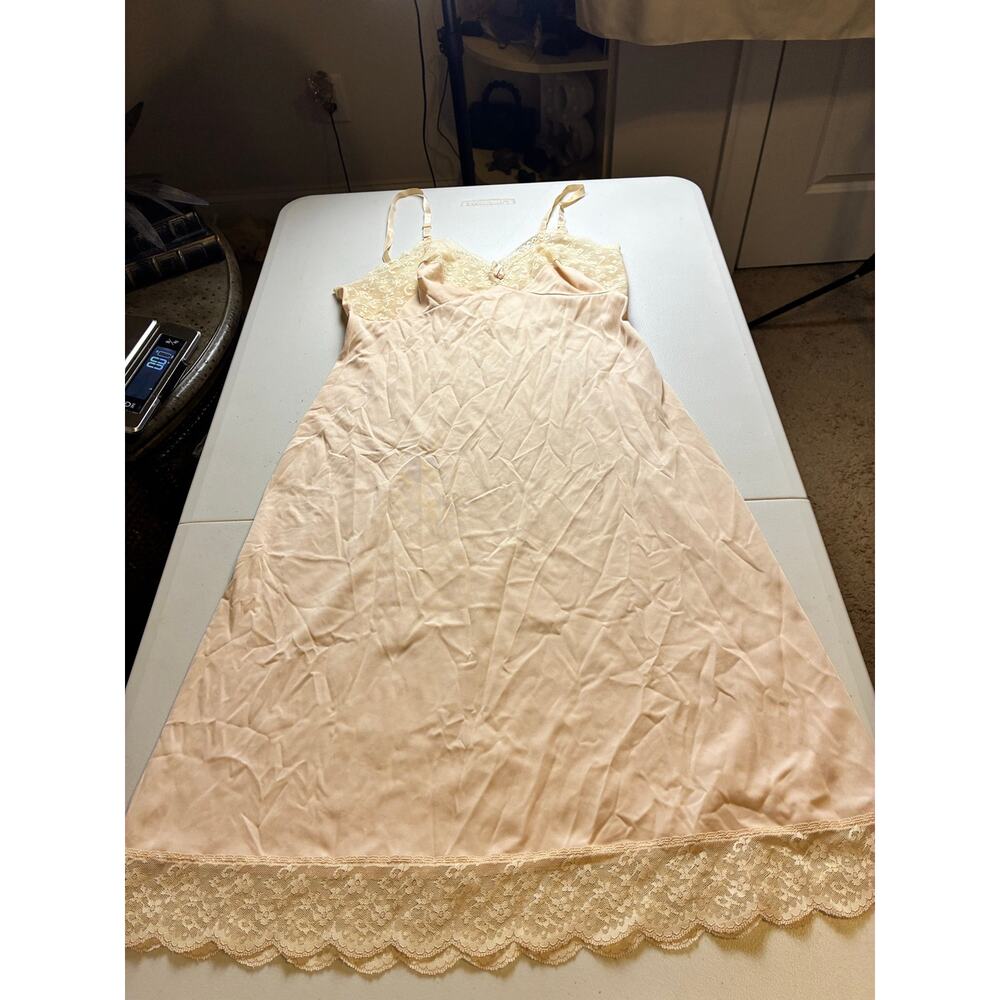 Vintage Style Nude Lace Full Slip Nightgown Dress Womens Lingerie Satin Size L